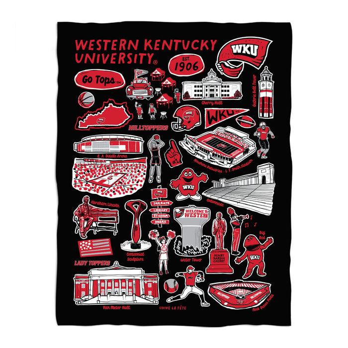 Western Kentucky Hilltoppers Black Hand Sketched Vive La Fete Impressions Artwork Plush Soft Minky Blanket 36 x 48