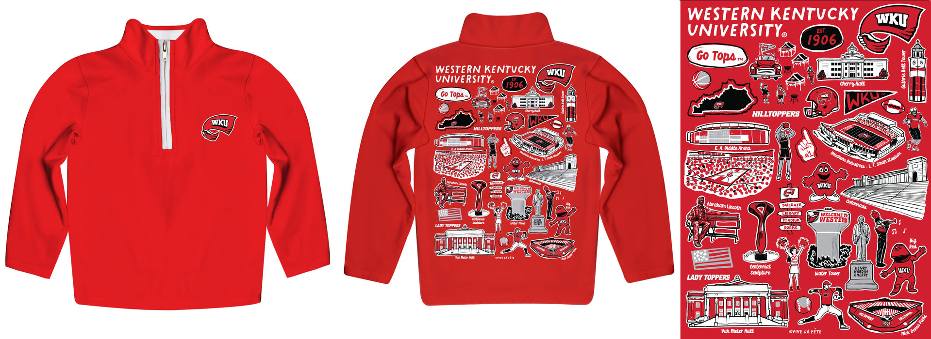 Western Kentucky Hilltoppers Hand Sketched Vive La Fete Impressions Artwork Red Boys Quarter Zip Pullover V1