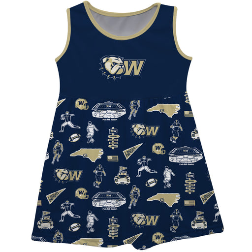 Wingate University Bulldogs Sleeveless Tank Dress Girls Navy Repeat Print Hand Sketched Vive La Fete Impressions