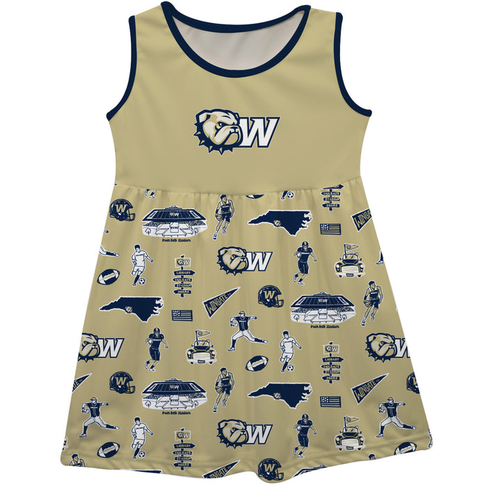 Wingate University Bulldogs Sleeveless Tank Dress Girls Gold Repeat Print Hand Sketched Vive La Fete Impressions