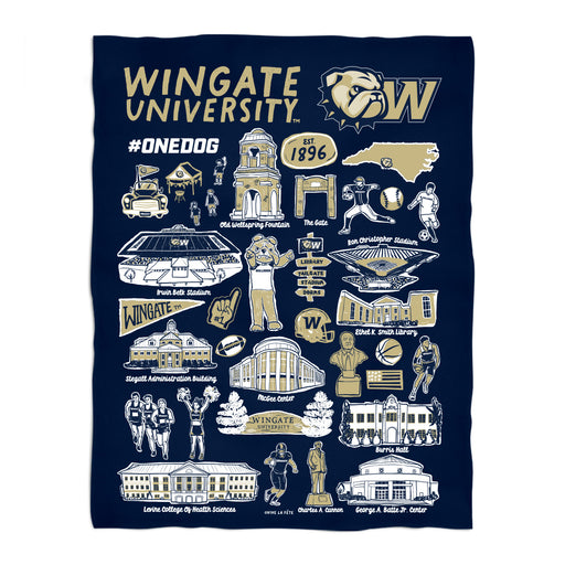 Wingate University Bulldogs Navy Hand Sketched Vive La Fete Impressions Artwork Plush Soft Minky Blanket 36 x 48