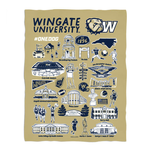 Wingate University Bulldogs Gold Hand Sketched Vive La Fete Impressions Artwork Plush Soft Minky Blanket 36 x 48