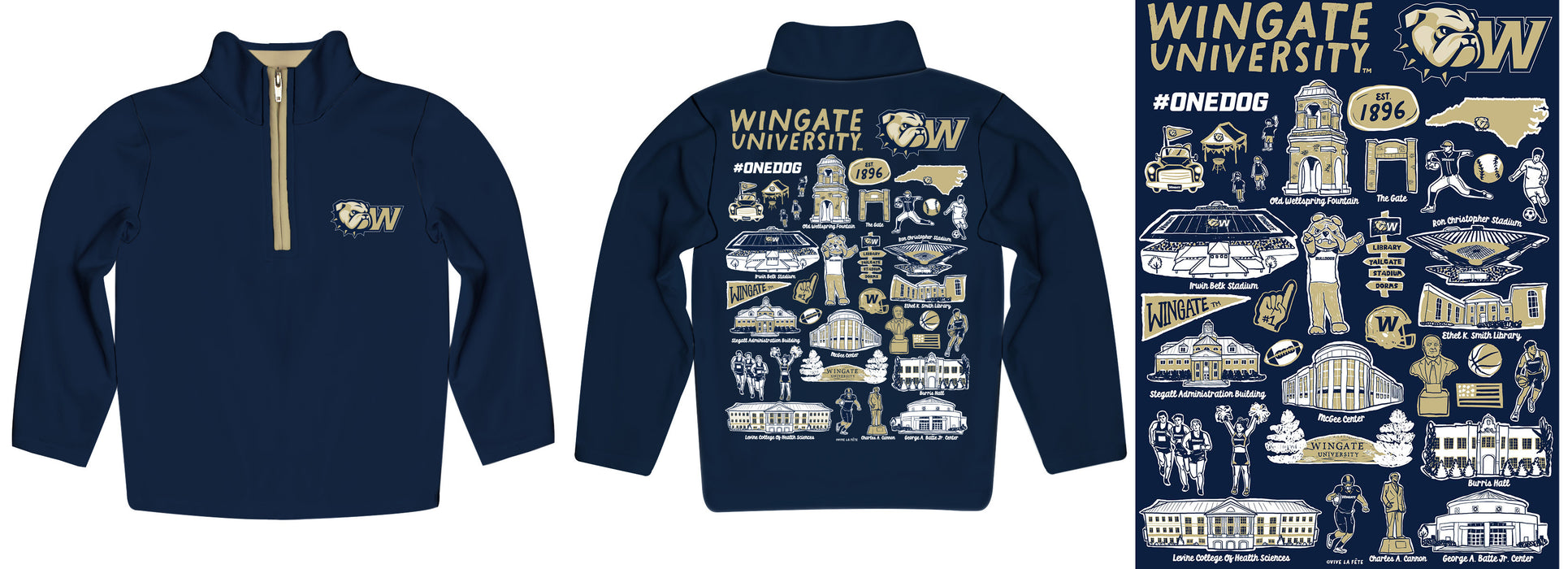 Wingate University Bulldogs Hand Sketched Vive La Fete Impressions Artwork  Navy Boys Quarter Zip Pullover V1