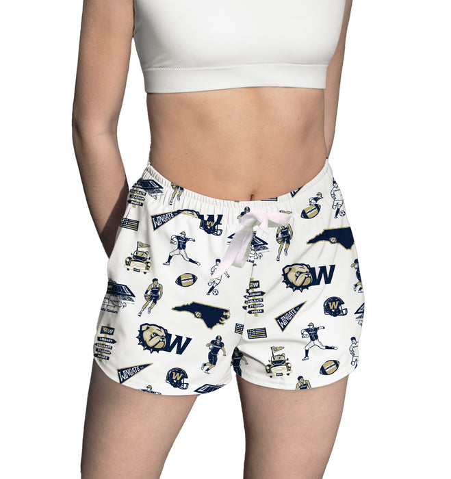 Wingate University Bulldogs Repeat Print Hand Sketched Vive La Fete Impressions Artwork Womens White Lounge Shorts