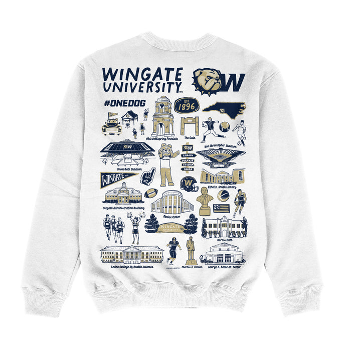 Wingate University Bulldogs Hand Sketched Impressions Artwork White Crewneck Sweatshirt for Women