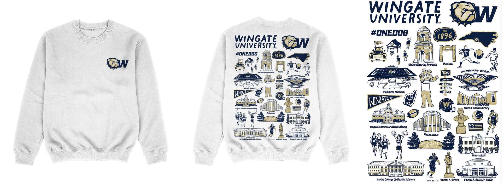 Wingate University Bulldogs Hand Sketched Impressions Artwork White Crewneck Sweatshirt for Women