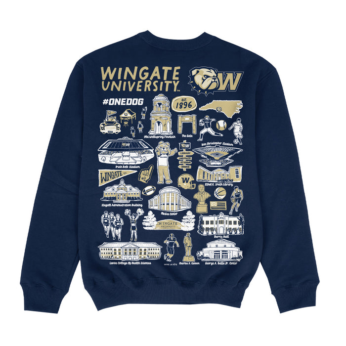 Wingate University Bulldogs Hand Sketched Impressions Artwork Navy Crewneck Sweatshirt for Women