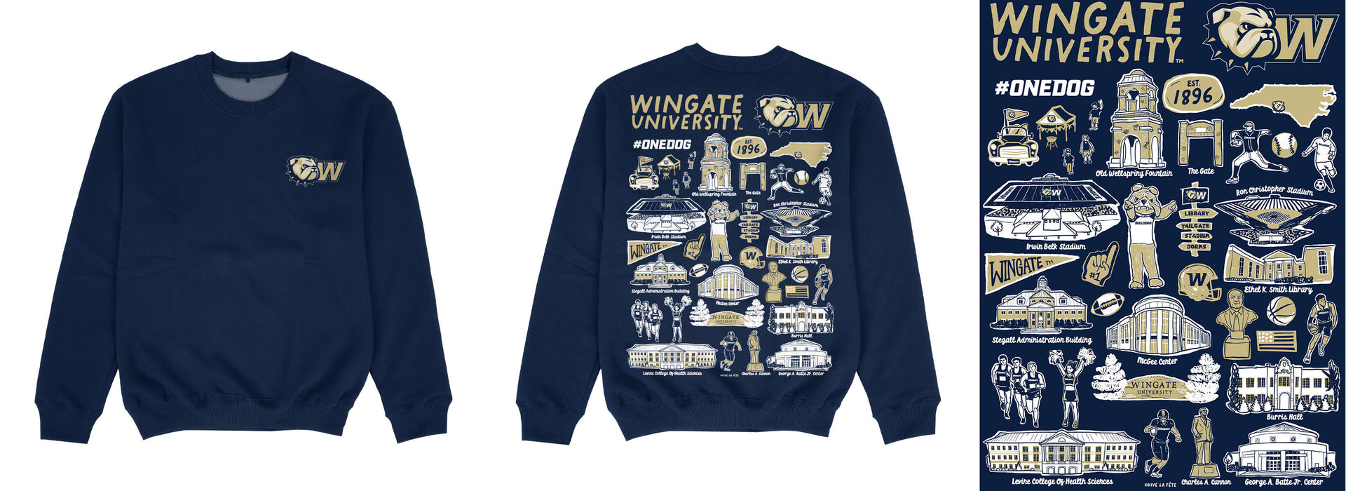 Wingate University Bulldogs Hand Sketched Impressions Artwork Navy Crewneck Sweatshirt for Women