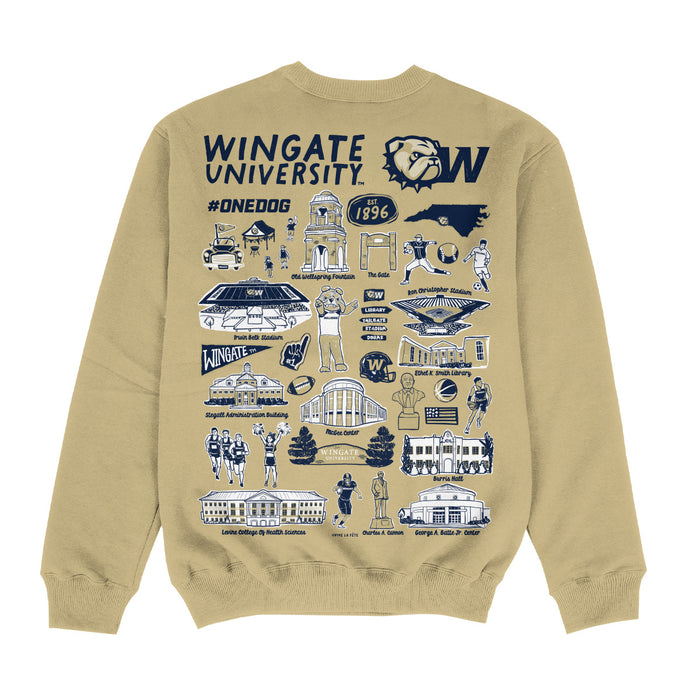 Wingate University Bulldogs Hand Sketched Impressions Artwork Gold Crewneck Sweatshirt for Women