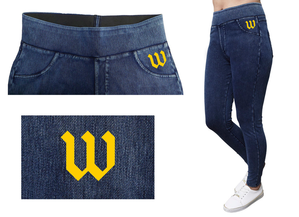 College of Wooster Fighting Scots Vive La Fete Game Day Collegiate Logo on Fake Pocket Women Yellow Jeggings