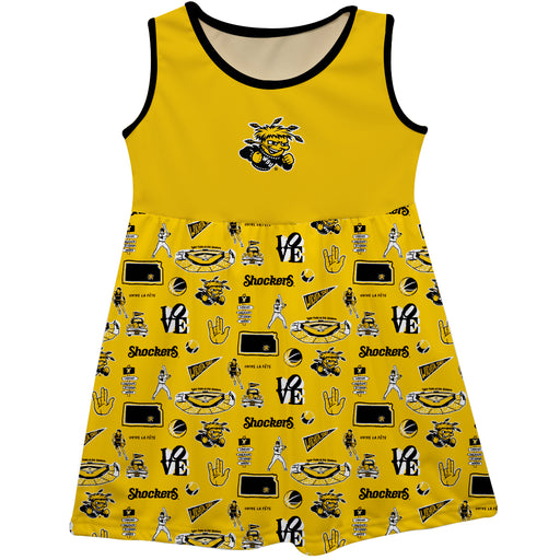 Wichita State Shockers WSU Sleeveless Tank Dress Girls Yellow Repeat Print Hand Sketched Vive La Fete Impressions