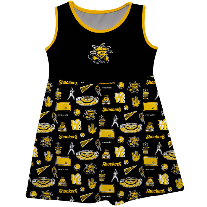 Wichita State Shockers WSU Sleeveless Tank Dress Girls Black Repeat Print Hand Sketched Vive La Fete Impressions