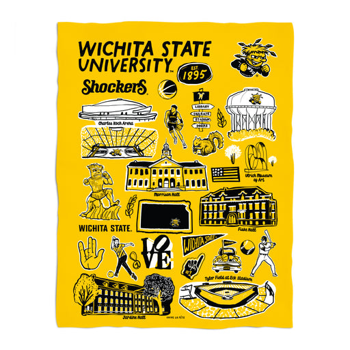 Wichita State Shockers WSU Gold Hand Sketched Vive La Fete Impressions Artwork Plush Soft Minky Blanket 36 x 48