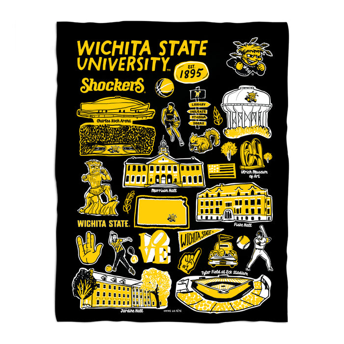 Wichita State Shockers WSU Black Hand Sketched Vive La Fete Impressions Artwork Plush Soft Minky Blanket 36 x 48