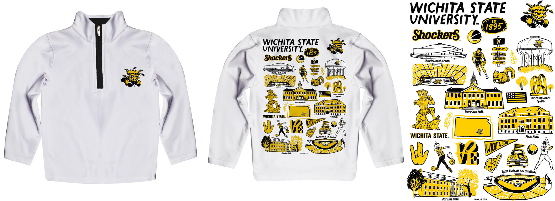 Wichita State Shockers WSU Hand Sketched Vive La Fete Impressions Artwork White Boys Quarter Zip Pullover V1