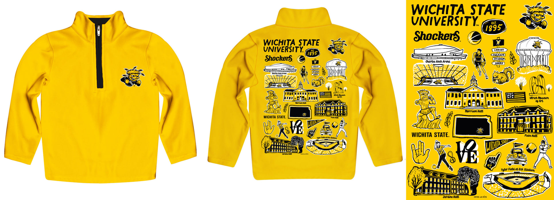 Wichita State Shockers WSU Hand Sketched Vive La Fete Impressions Artwork Yellow Boys Quarter Zip Pullover V1