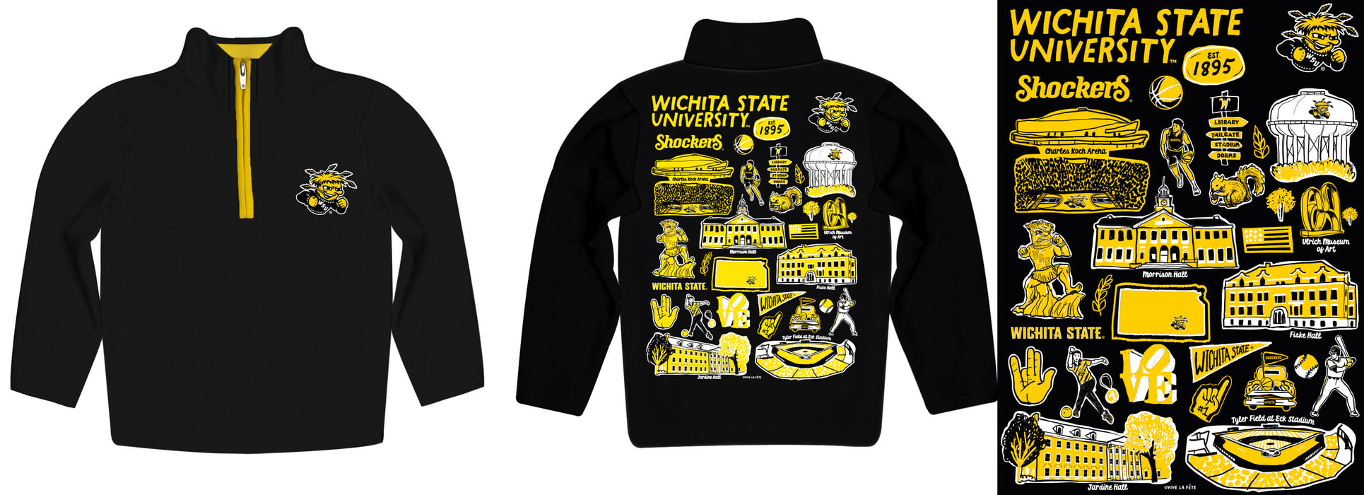 Wichita State Shockers WSU Hand Sketched Vive La Fete Impressions Artwork Black Boys Quarter Zip Pullover V1