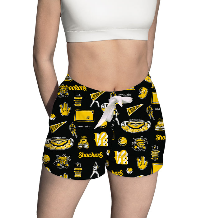 Wichita State Shockers WSU Repeat Print Hand Sketched Vive La Fete Impressions Artwork Womens Black Lounge Shorts