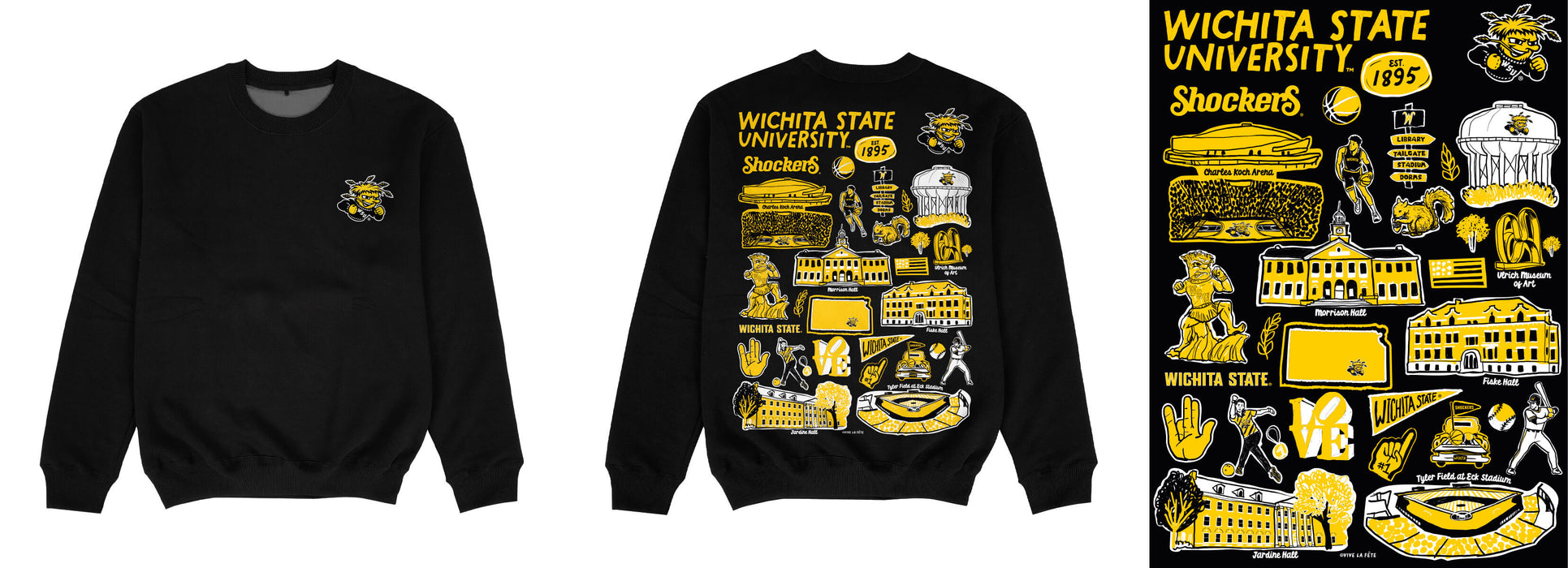 Wichita State Shockers WSU Hand Sketched Impressions Artwork Black Crewneck Sweatshirt for Women