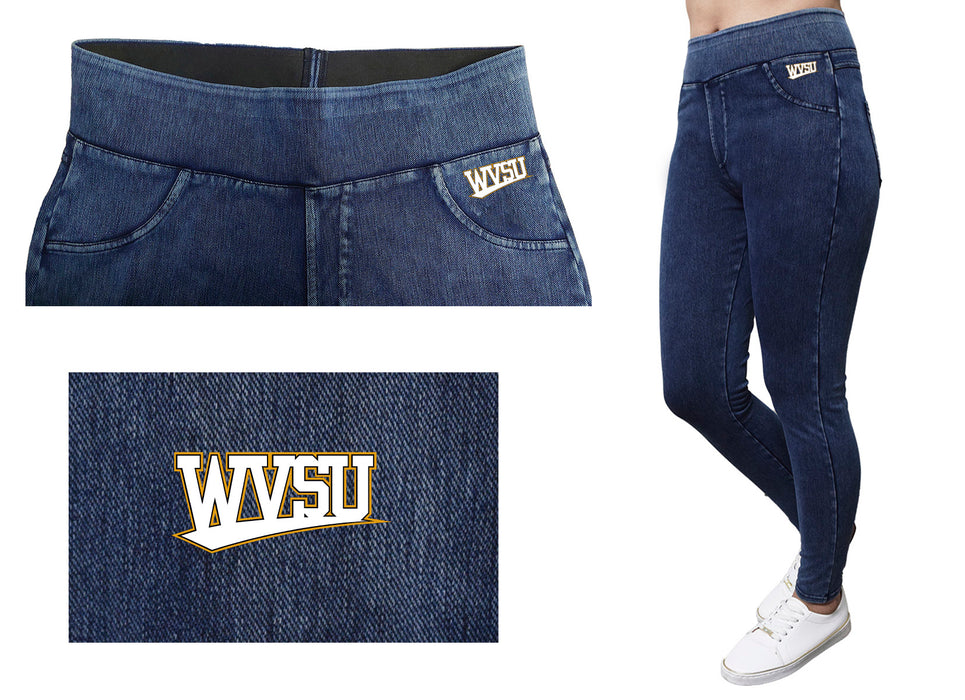 West Virginia Yellow Jackets WVSU Vive La Fete Game Day Collegiate Logo on Fake Pocket Women Gold Jeggings