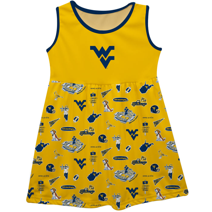 West Virginia Mountaineers Sleeveless Tank Dress Girls Gold Repeat Print Hand Sketched Vive La Fete Impressions