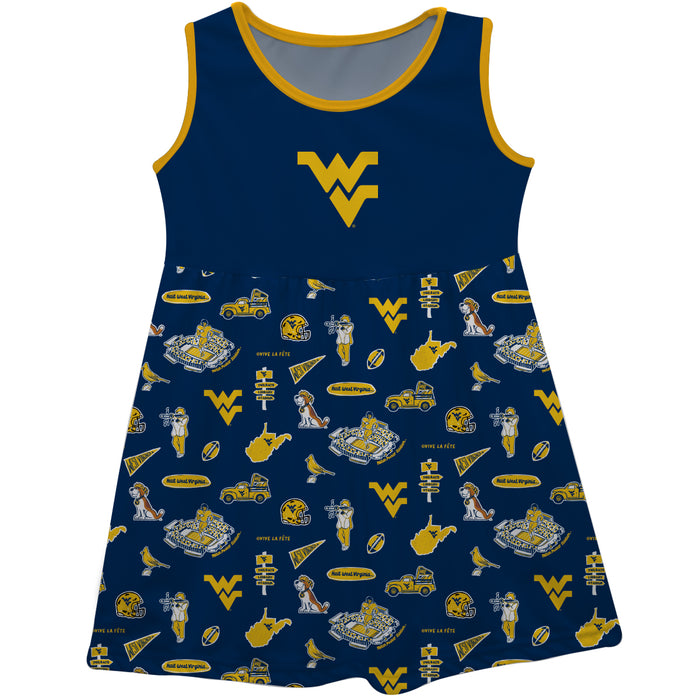 West Virginia Mountaineers Sleeveless Tank Dress Girls Navy Repeat Print Hand Sketched Vive La Fete Impressions