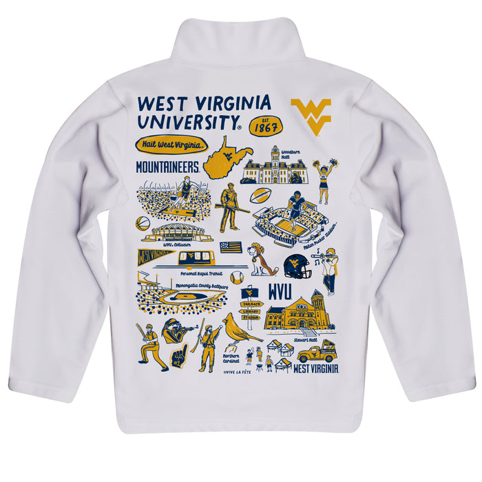 West Virginia University Mountaineers Hand Sketched Vive La Fete Impressions Artwork White Boys Quarter Zip Pullover V1