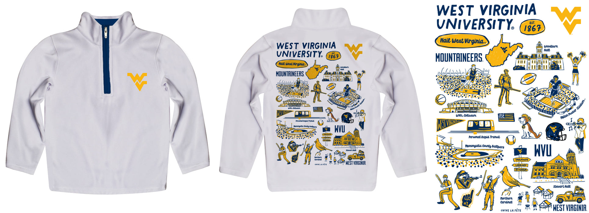 West Virginia University Mountaineers Hand Sketched Vive La Fete Impressions Artwork White Boys Quarter Zip Pullover V1