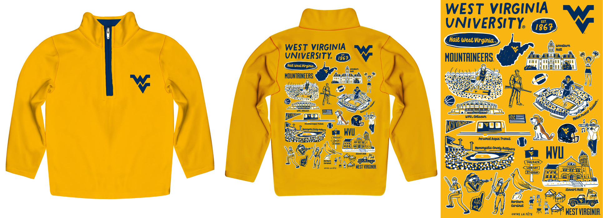 West Virginia University Mountaineers Hand Sketched Vive La Fete Impressions Artwork Gold Boys Quarter Zip Pullover V1