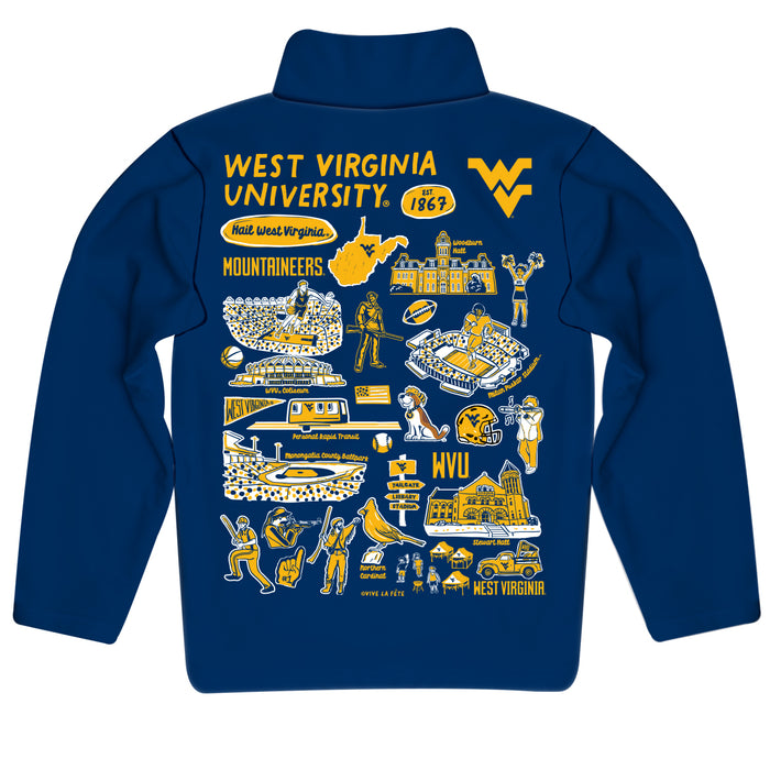 West Virginia University Mountaineers Hand Sketched Vive La Fete Impressions Artwork Navy Boys Quarter Zip Pullover V1