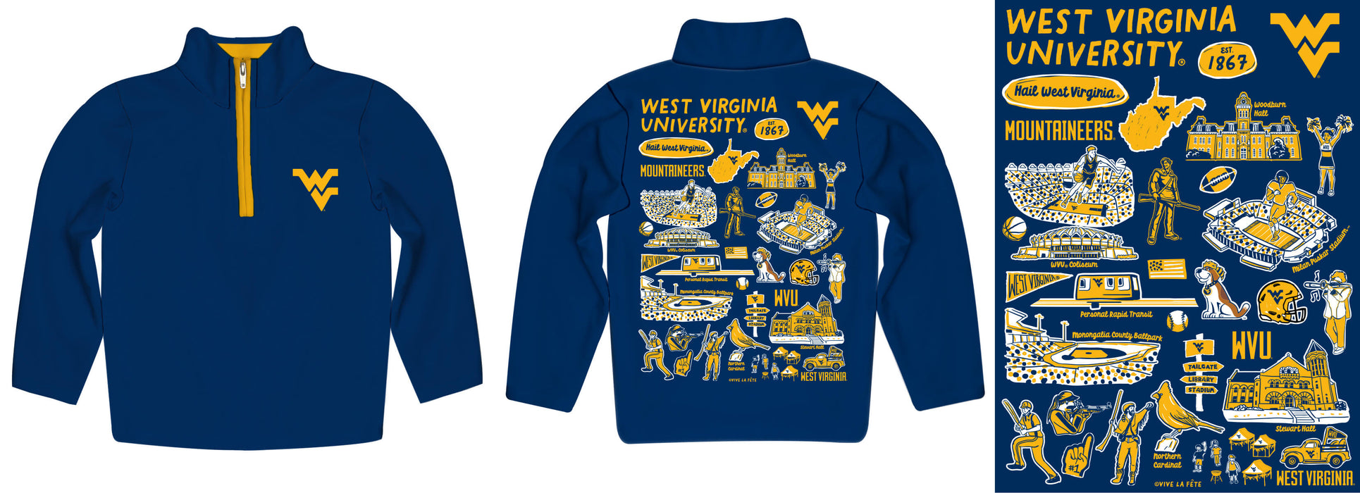 West Virginia University Mountaineers Hand Sketched Vive La Fete Impressions Artwork Navy Boys Quarter Zip Pullover V1