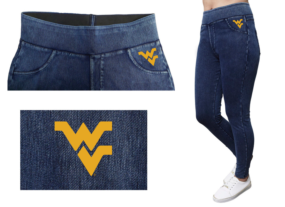 West Virginia University Mountaineers Vive La Fete Game Day Collegiate Logo on Fake Pocket Women Gold Jeggings