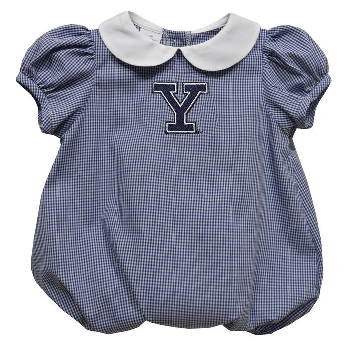 Yale University Bulldogs Embroidered Navy Gingham Girls Baby Bubble Short Sleeve