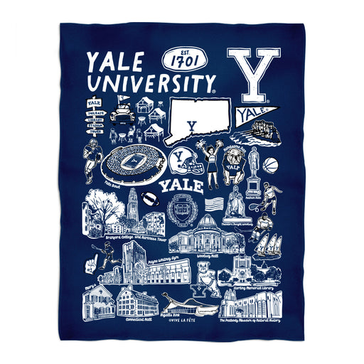 Yale Bulldogs Navy Hand Sketched Vive La Fete Impressions Artwork Plush Soft Minky Blanket 36 x 48