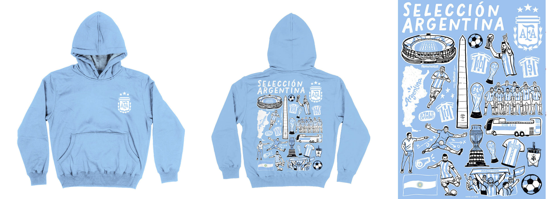 Argentina National Team Hand Sketched Impressions Artwork Light Blue Fleece Long Sleeve Hoodie