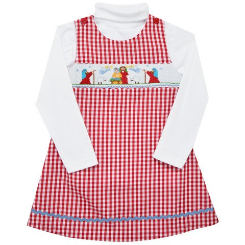 Nativity Smocked Red Check Girls Jumper and Turtle Neck