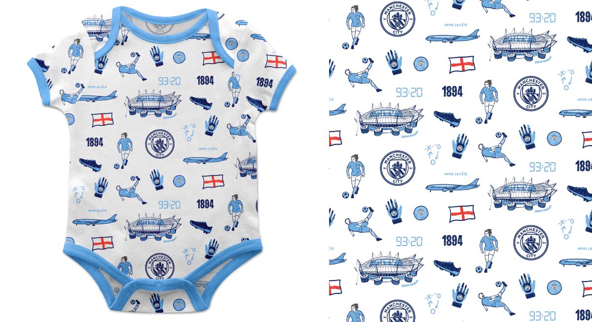 Manchester City Infant White Short Sleeve Bodysuit Repeat Print Hand Sketched Impressions Artwork