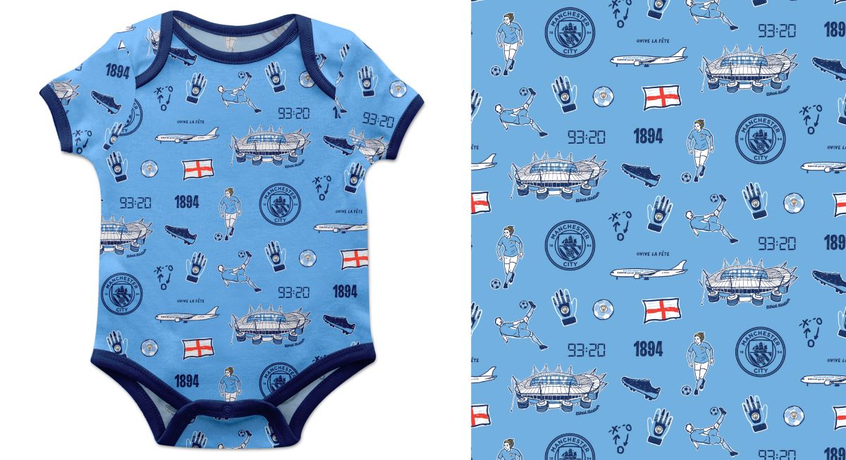 Manchester City Infant Light Blue Short Sleeve Bodysuit Repeat Print Hand Sketched Impressions Artwork