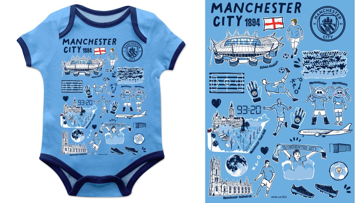 Manchester City Hand Sketched Impressions Artwork Infant Light Blue Short Sleeve Bodysuit