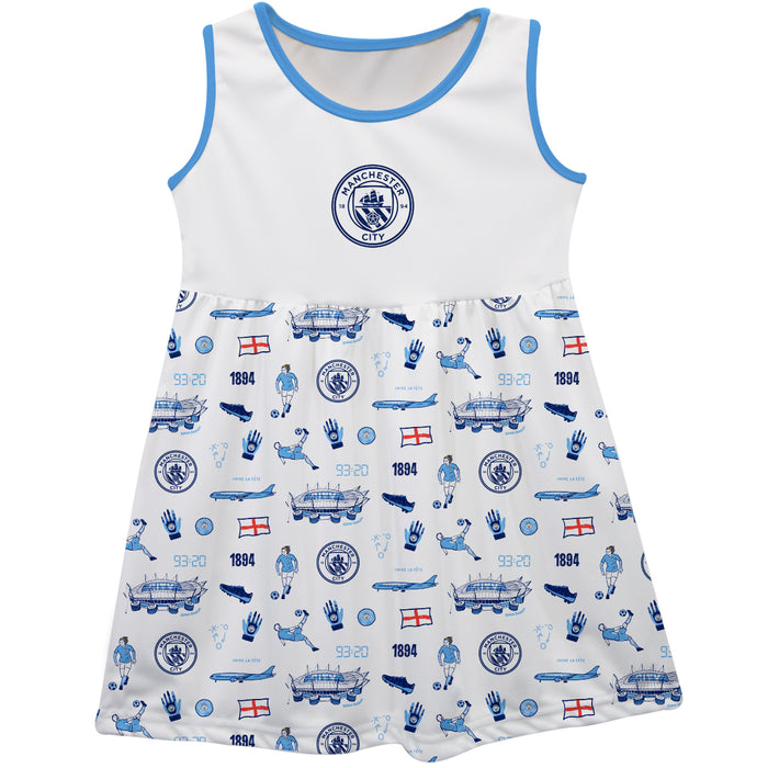 Manchester City Sleeveless Tank Dress Girls White Logo and Repeat Print Hand Sketched Impressions Artwork