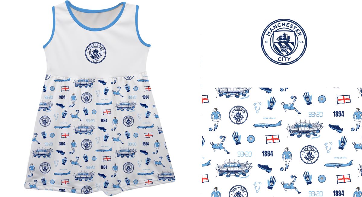 Manchester City Sleeveless Tank Dress Girls White Logo and Repeat Print Hand Sketched Impressions Artwork