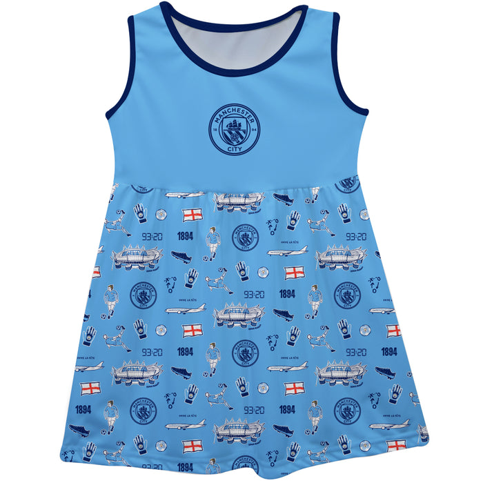 Manchester City Girls Sleeveless Tank Dress Impressions Artwork Solid Light Blue Logo All Over Print on Skirt