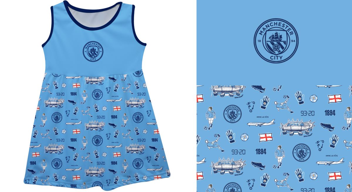 Manchester City Girls Sleeveless Tank Dress Impressions Artwork Solid Light Blue Logo All Over Print on Skirt