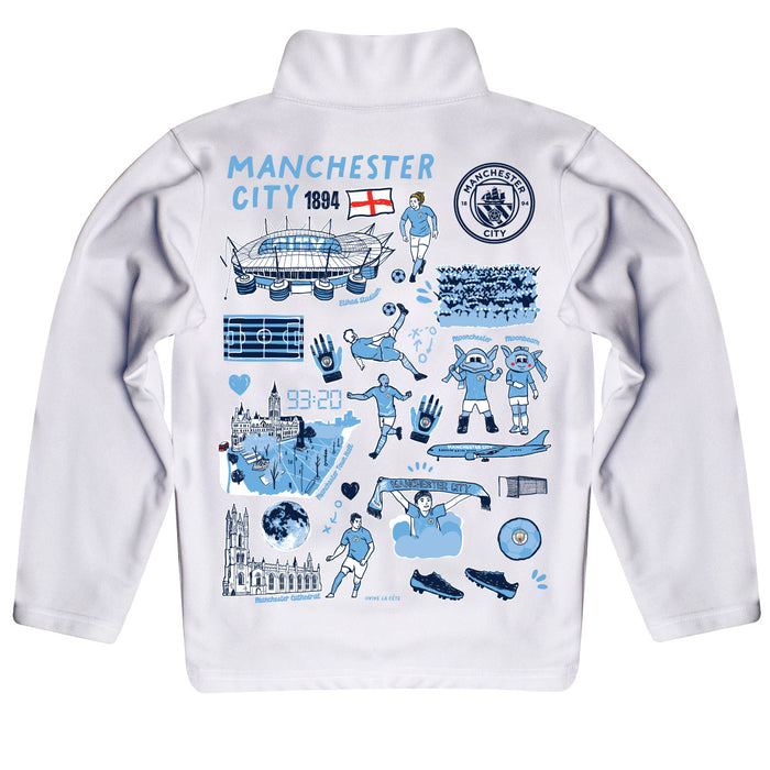 Manchester City Hand Sketched Impressions Artwork White Boys Quarter Zip Pullover