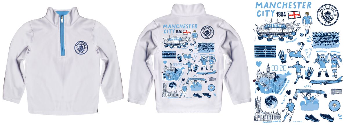 Manchester City Hand Sketched Impressions Artwork White Boys Quarter Zip Pullover