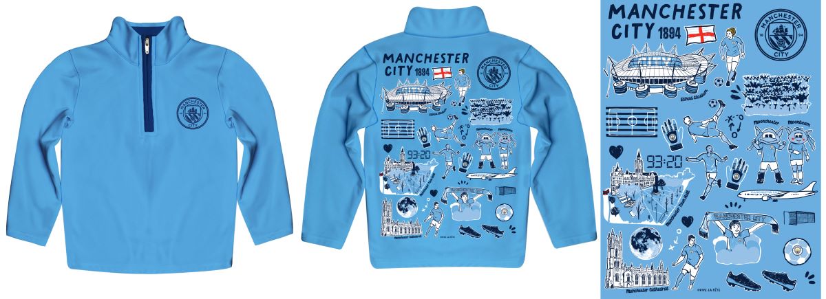 Manchester City Hand Sketched Impressions Artwork Light Blue Boys Quarter Zip Pullover