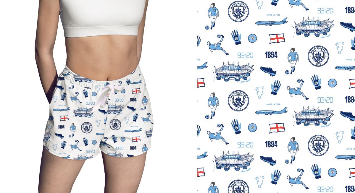 Manchester City Repeat Print Hand Sketched Impressions Artwork Womens White Lounge Shorts