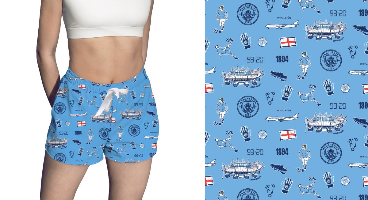 Manchester City Repeat Print Hand Sketched Impressions Artwork Womens Light Blue Lounge Shorts