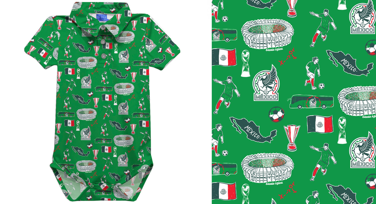 Mexico National Soccer Team Short Sleeve Polo Bodysuit Repeat Print Hand Sketched Impressions Artwork