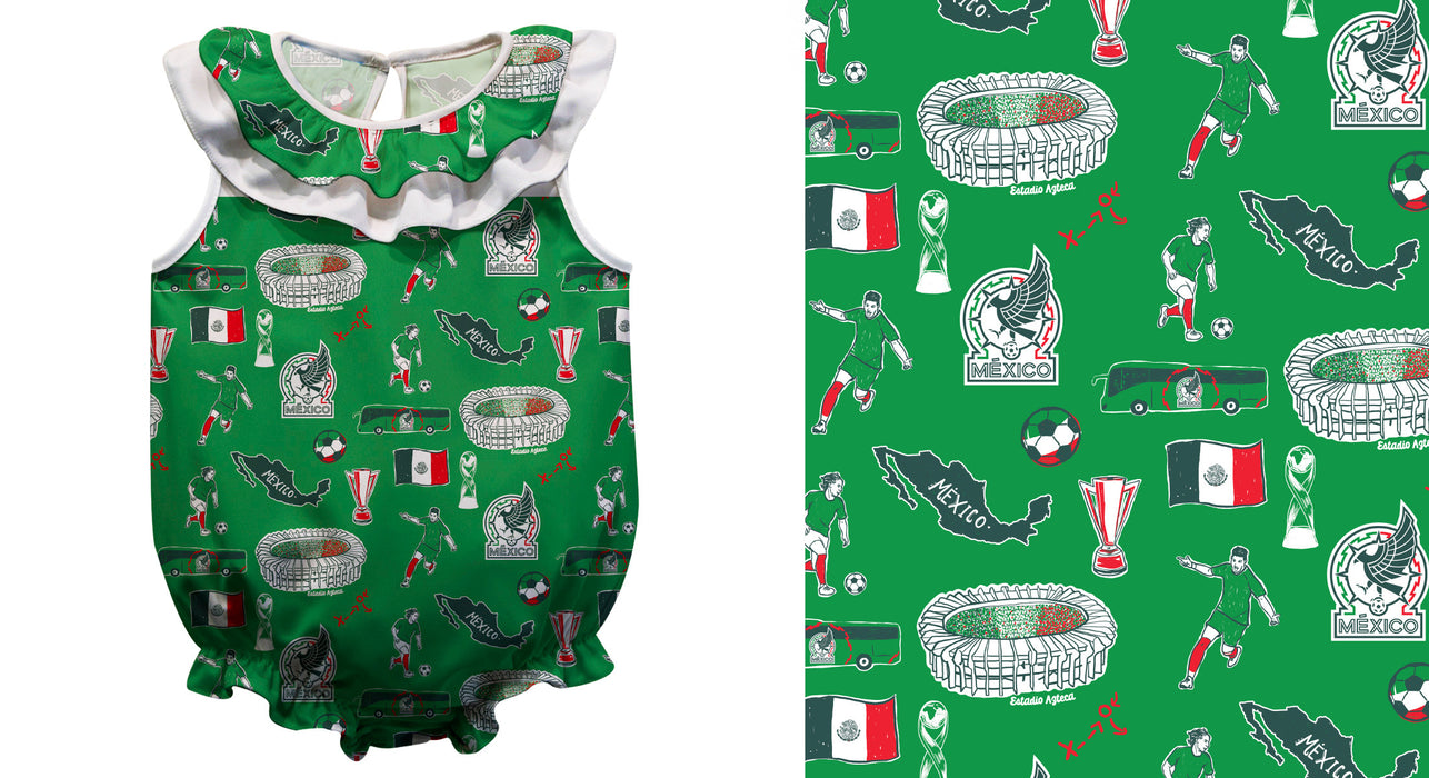 Mexico National Soccer Teamt Print Hand Sketched Vive La Fete Impressions Artwork Sleeveless Ruffle Onesie Bodysuit